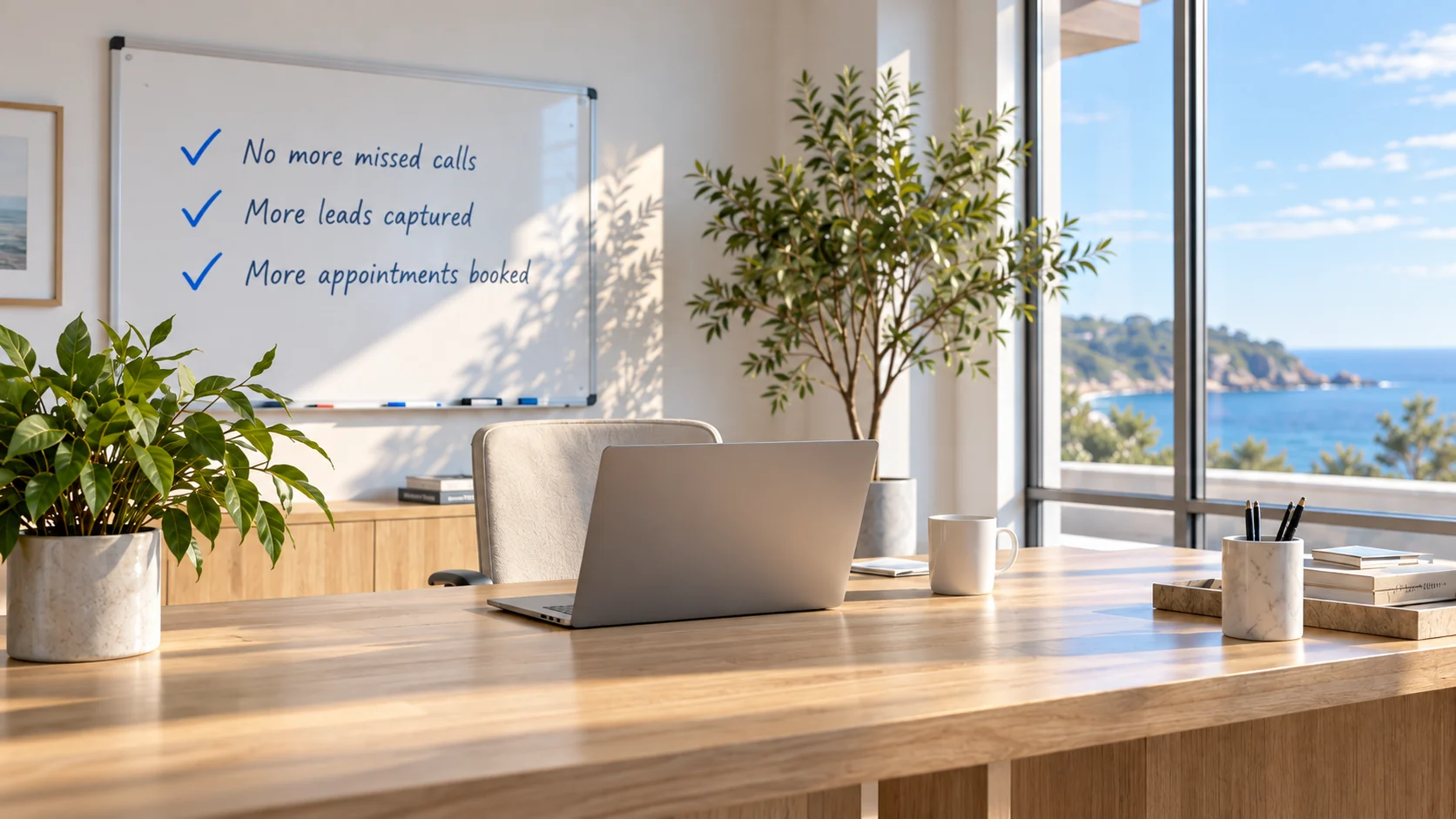 A sunlit coastal office with a laptop and a whiteboard reading: No more missed calls, More leads captured, More appointments booked