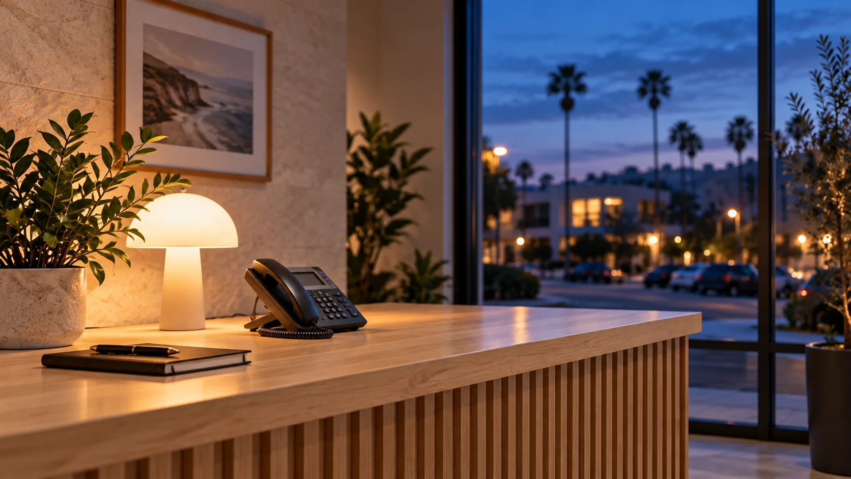 A reception desk with a phone and a warm lamp at dusk