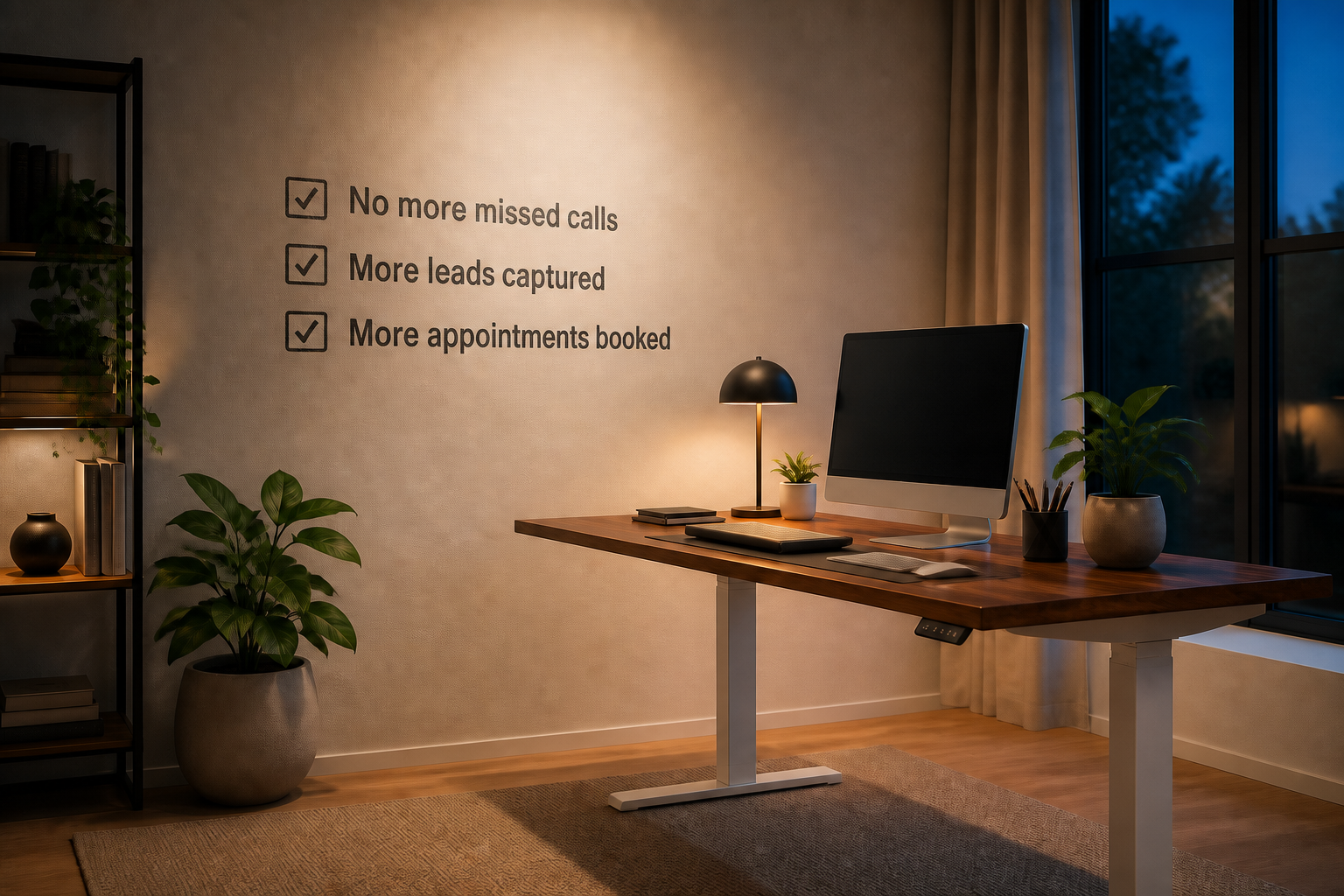 A warm modern home office at dusk with a wall checklist reading: No more missed calls, More leads captured, More appointments booked